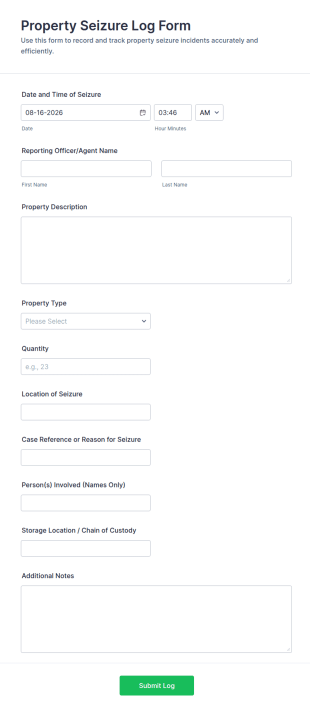 Property Seizure Log Form Template