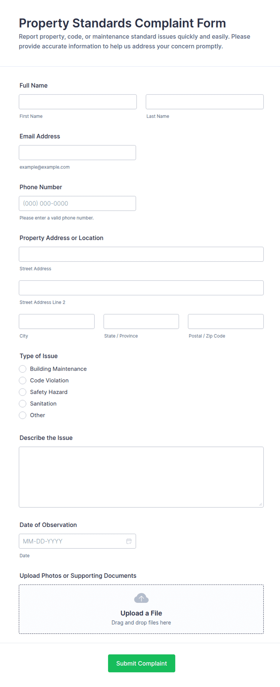 Property Standards Complaint Form Template | Jotform