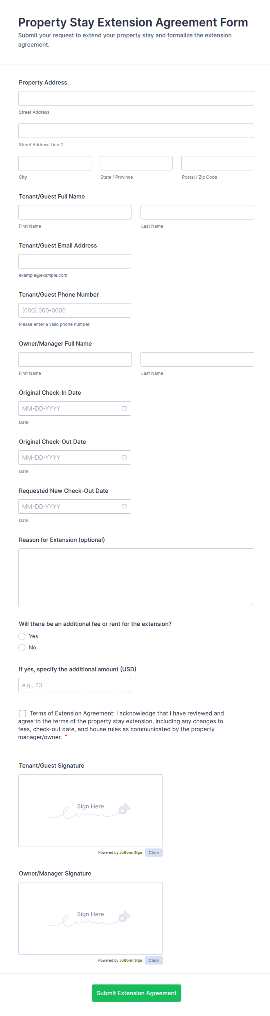 Property Stay Extension Agreement Form Template | Jotform