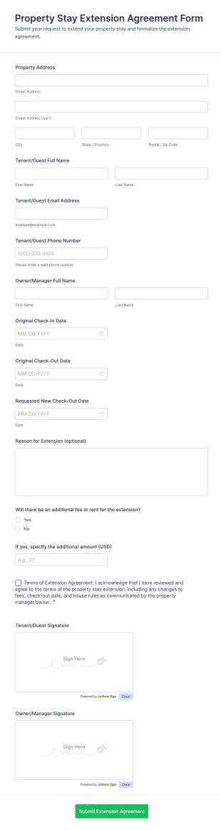 Property Stay Extension Agreement Form Template