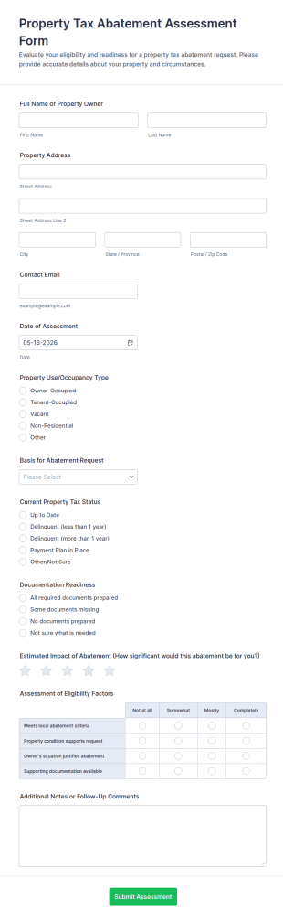 Property Tax Abatement Assessment Form Template