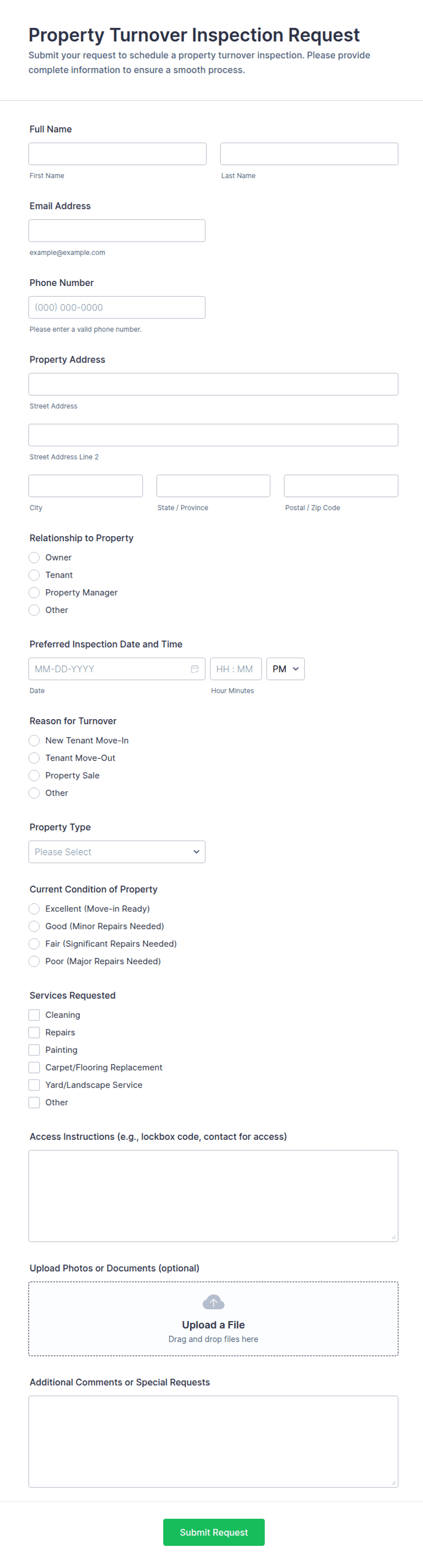 Property Turnover Inspection Request Form Template | Jotform