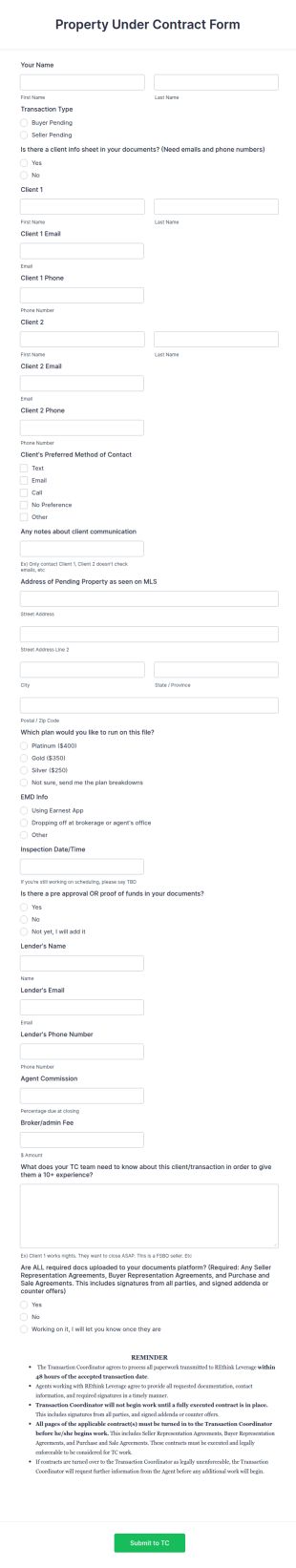 Property Under Contract Form Template
