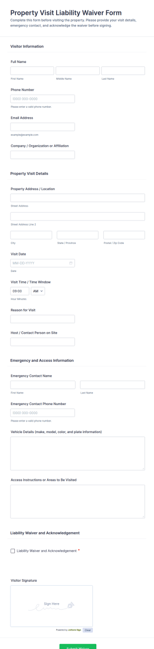 Property Visit Liability Waiver Form Template