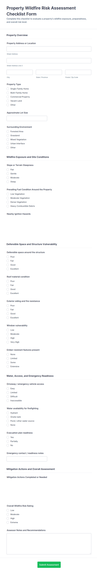 Property Wildfire Risk Assessment Checklist Form Template