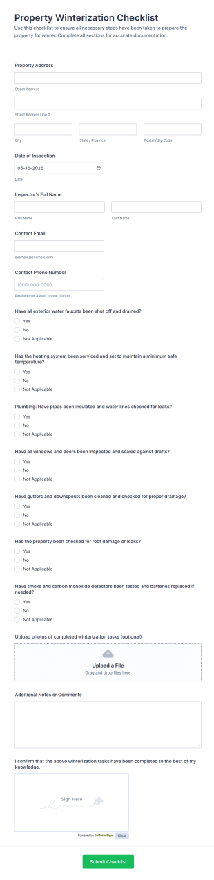 Property Winterization Checklist Form Template