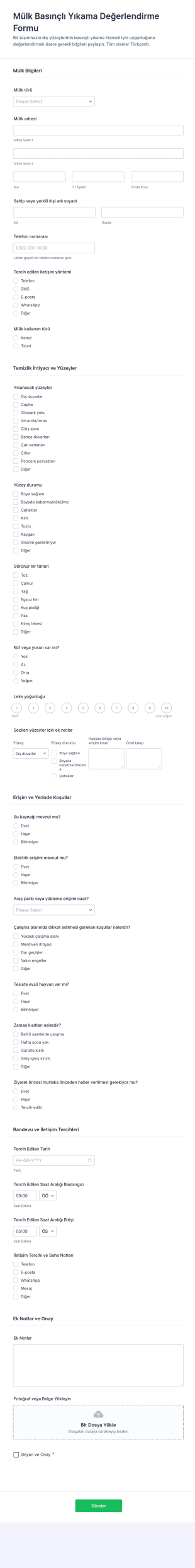 Propiedad Güç Yıkama Değerlendirme Anketi Form Şablonu