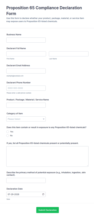 Proposition 65 Compliance Declaration Form Template