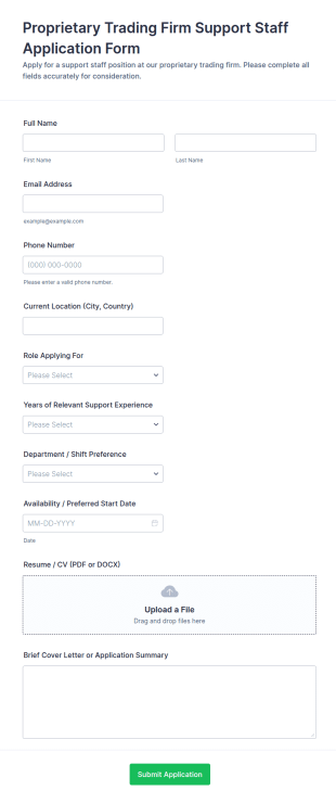Proprietary Trading Firm Support Staff Application Form Template
