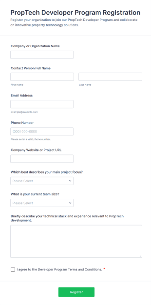 PropTech Developer Program Registration Form Template