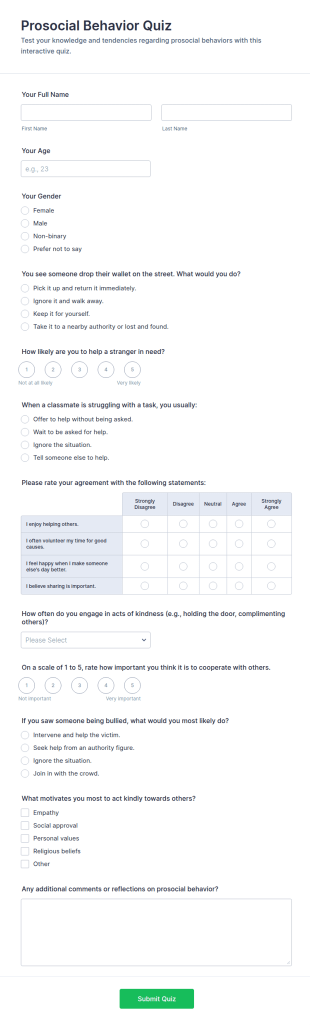 Prosocial Behavior Quiz Form Template
