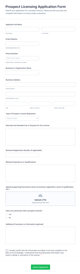 Prospect Licensing Application Form Template