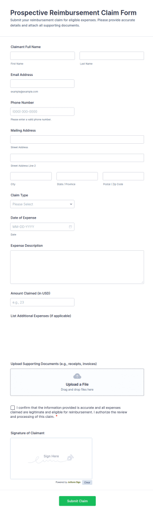 Prospective Reimbursement Claim Form Template