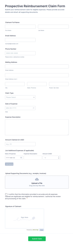 Prospective Reimbursement Claim Form Template