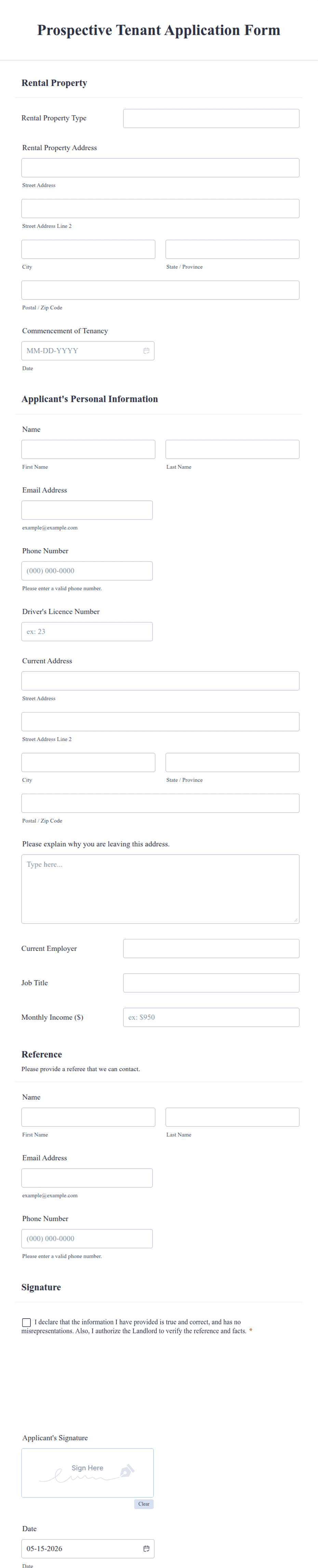 Application Form Attic Sample Prospective Tenant Application Form Template | Jotform