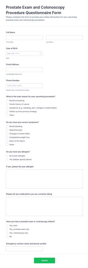 Prostate Exam And Colonoscopy Procedure Questionnaire Form Template