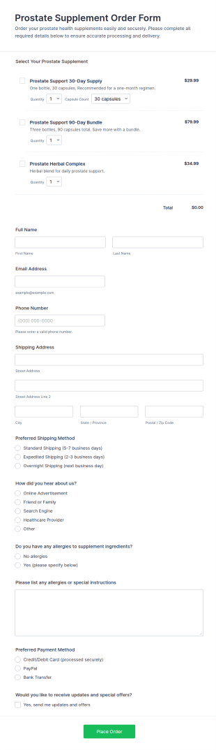 Prostate Supplement Order Form Template