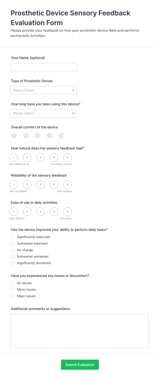Prosthetic Device Sensory Feedback Evaluation Form Template