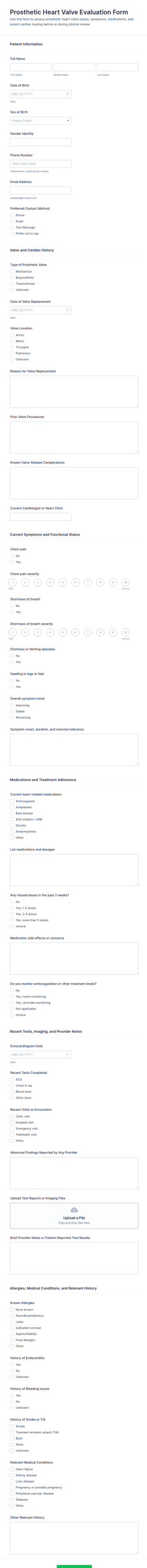 Prosthetic Heart Valve Evaluation Form Template