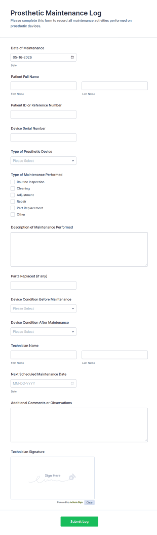 Prosthetic Maintenance Log Form Template
