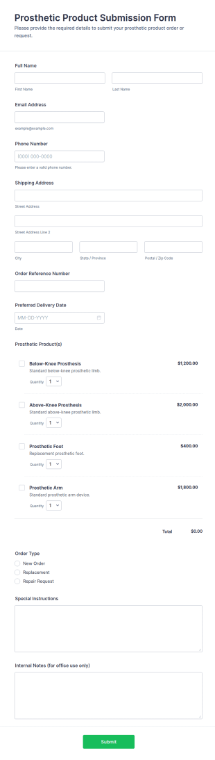 Prosthetic Product Submission Form Template
