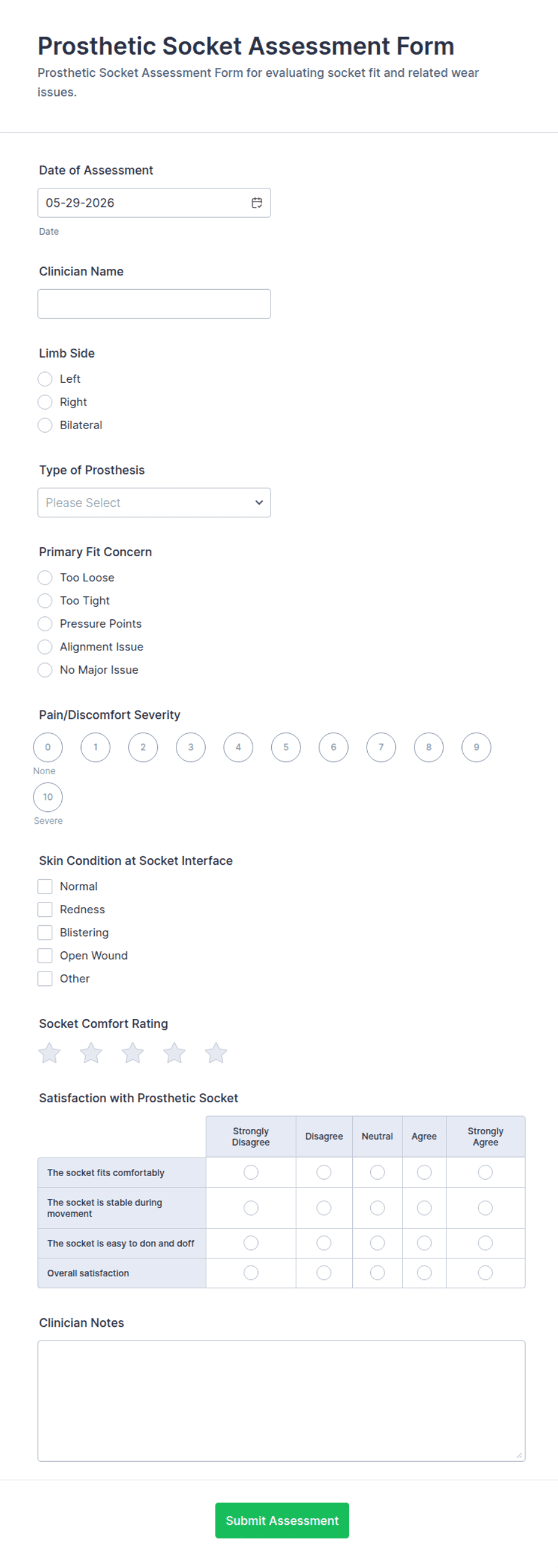 Prosthetic Socket Assessment Form Template | Jotform