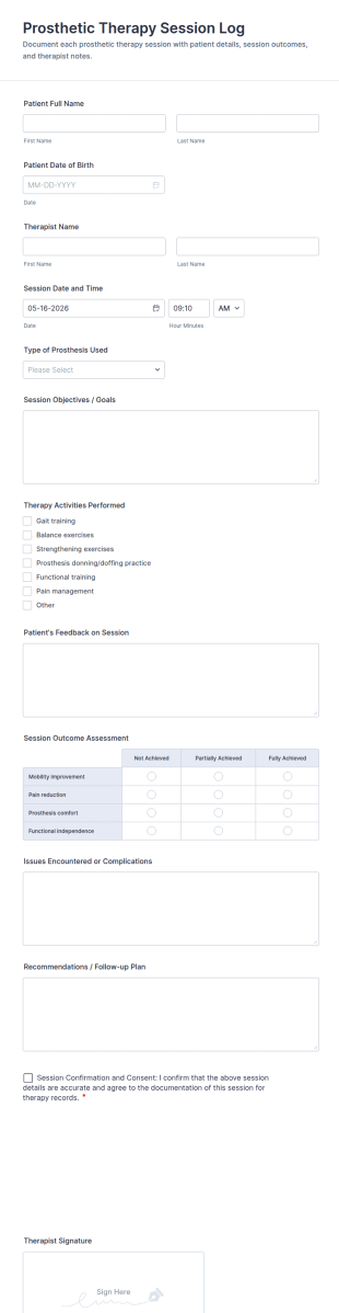Prosthetic Therapy Session Log Form Template