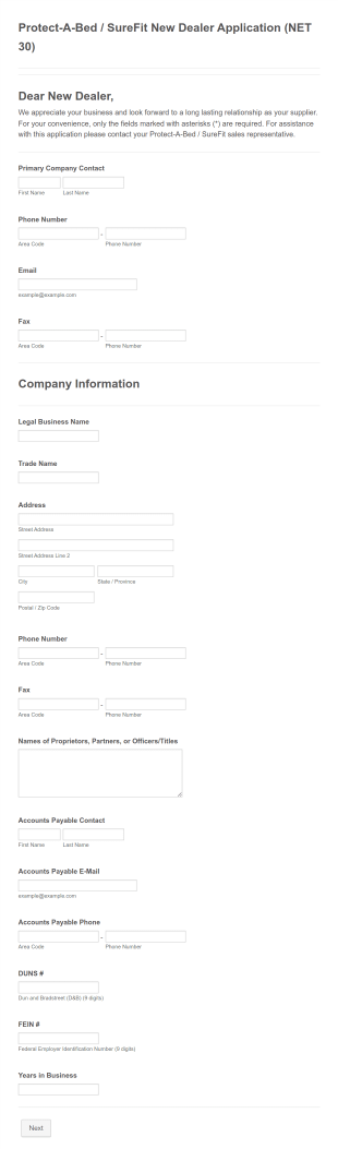 Protect A Bed SureFit New Dealer Application (NET 30) Form Template