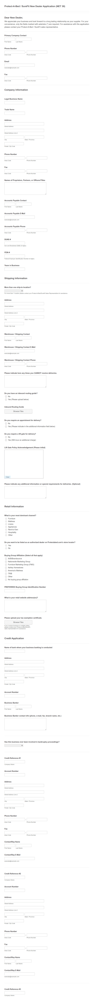 Protect A Bed SureFit New Dealer Application (NET 30) Form Template