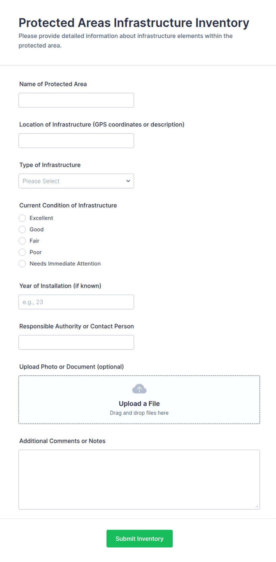 Protected Areas Infrastructure Inventory Form Template | Jotform