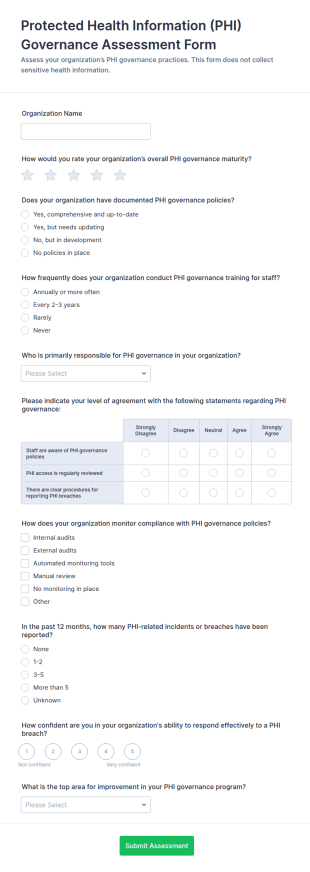 Protected Health Information Governance Assessment Form Template