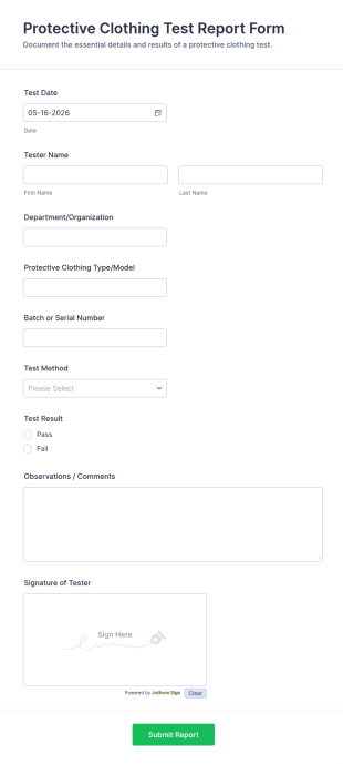 Protective Clothing Test Report Form Template