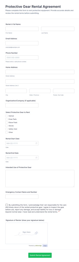 Protective Gear Rental Agreement Form Template