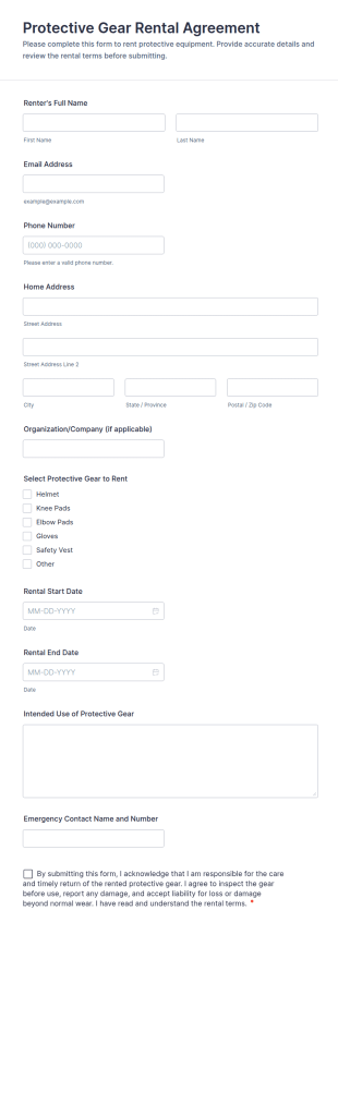 Protective Gear Rental Agreement Form Template