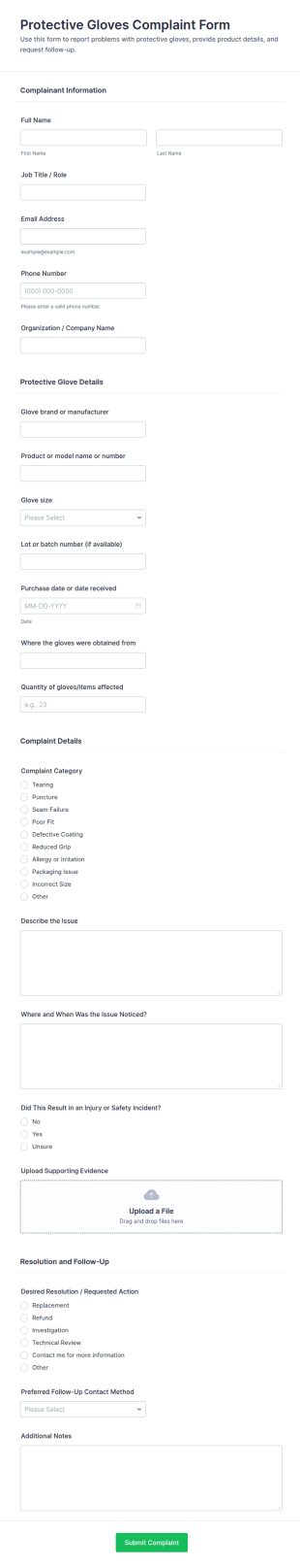 Protective Gloves Complaint Form Template