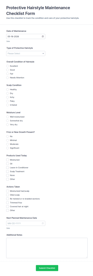 Protective Hairstyle Maintenance Checklist Form Template