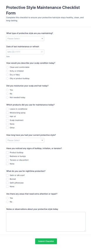 Protective Style Maintenance Checklist Form Template