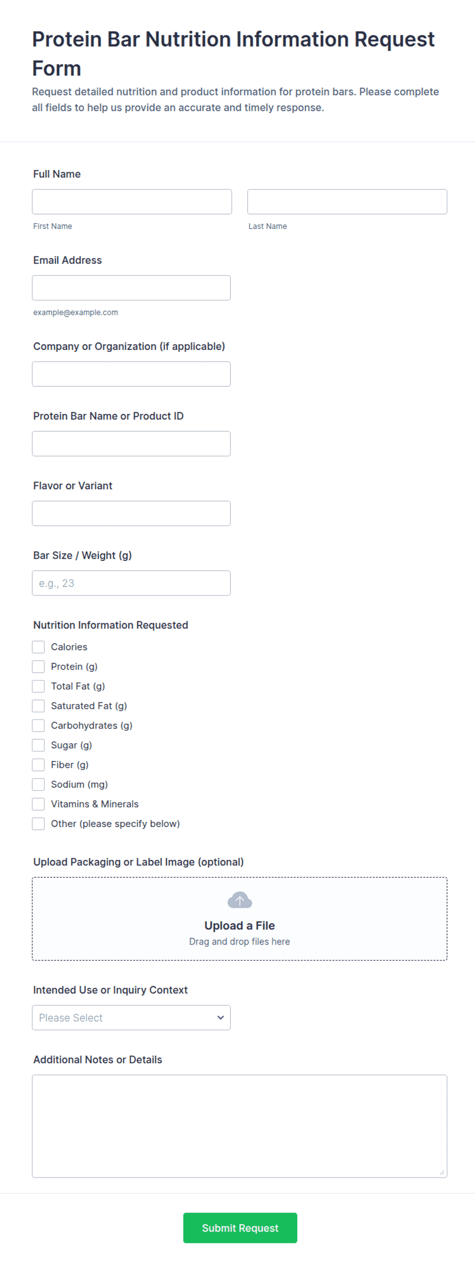 Protein Bar Nutrition Information Request Form Template | Jotform