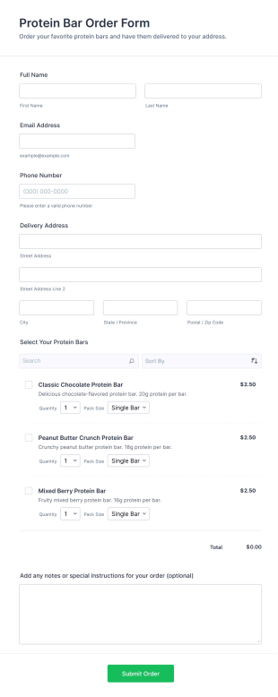 Protein Bar Order Form Template