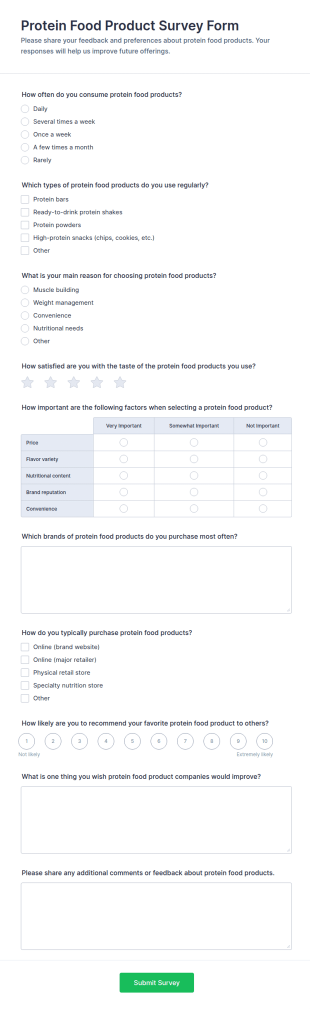 Protein Food Product Survey Form Template