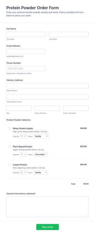 Protein Powder Order Form Template
