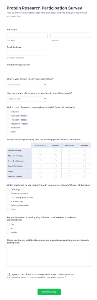 Protein Research Participation Survey Form Template