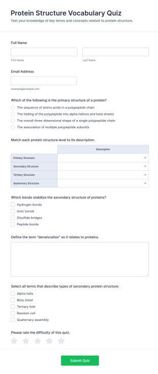 Protein Structure Vocabulary Quiz Form Template