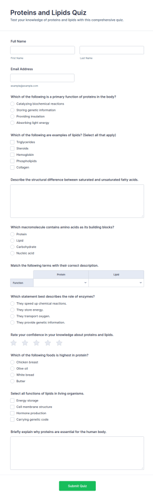 Proteins And Lipids Quiz Form Template