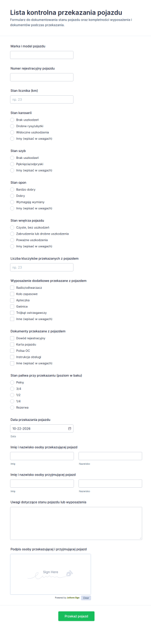 Protokół Przekazania Pojazdu Checklist
