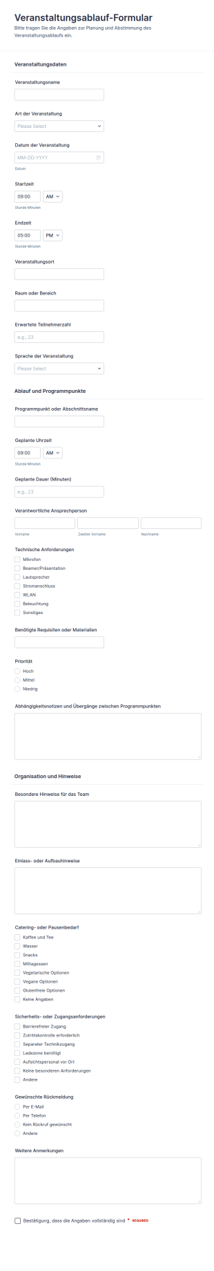 Protokollbogen Für Den Ablaufplan Des Events