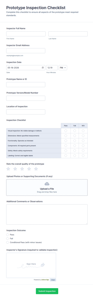 Prototype Inspection Checklist Form Template