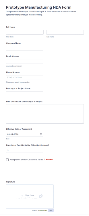 Prototype Manufacturing NDA Form Template