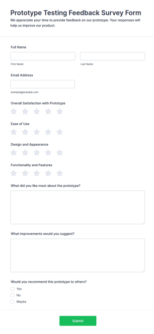 Prototype Testing Feedback Survey Form Template