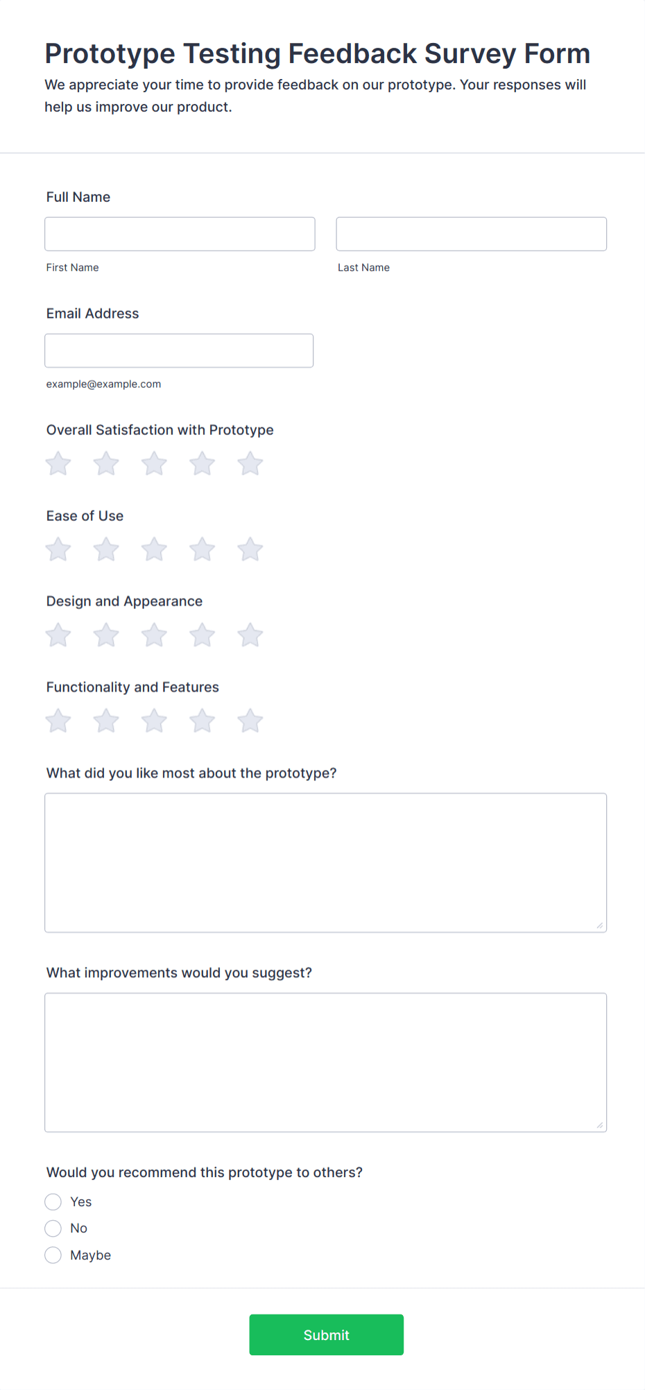 Prototype Testing Feedback Survey Form Template | Jotform